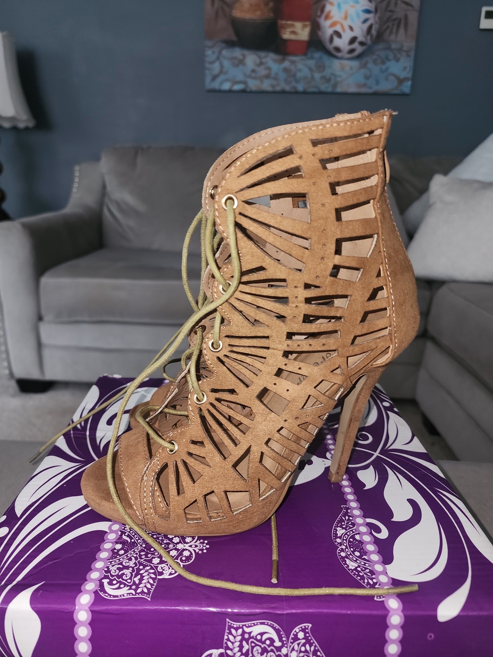 Forever Link Lace-Up Cutout Gladiator Heels in Brown with Tan Laces